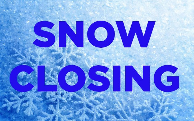 Blue text SNOW CLOSING over a background of snowflakes.