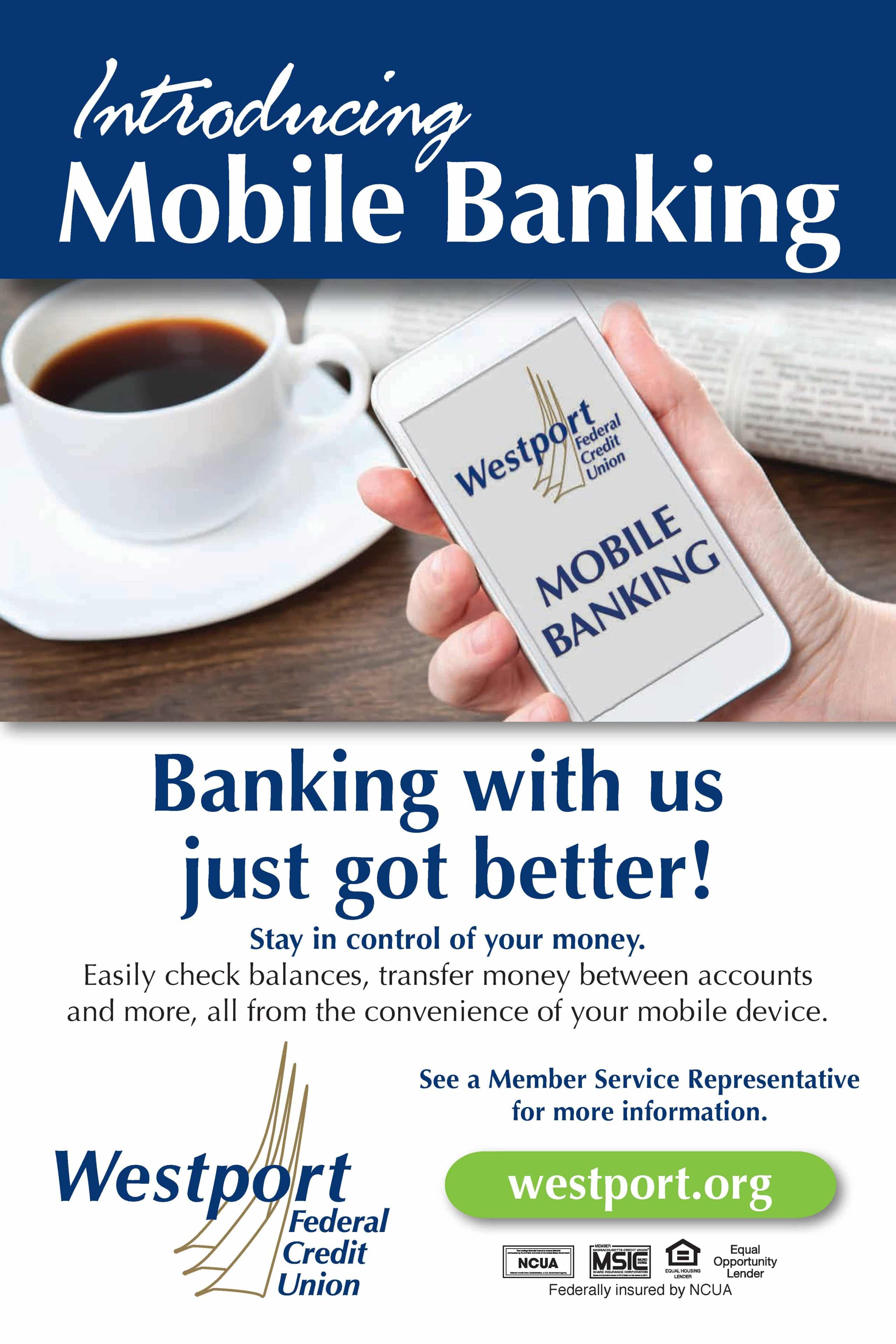 Ad for Introducing Mobile Banking with a hand holding a phone displaying the app.